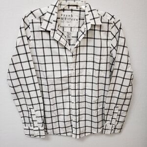Frank & Eileen Barry M Long Sleeve Windowpane Print Blouse White Blk Cotton Flaw